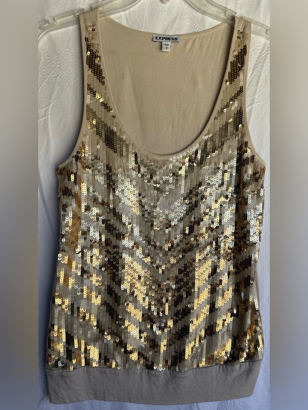 Express Sequin Tank Top in Beige and Gold Small